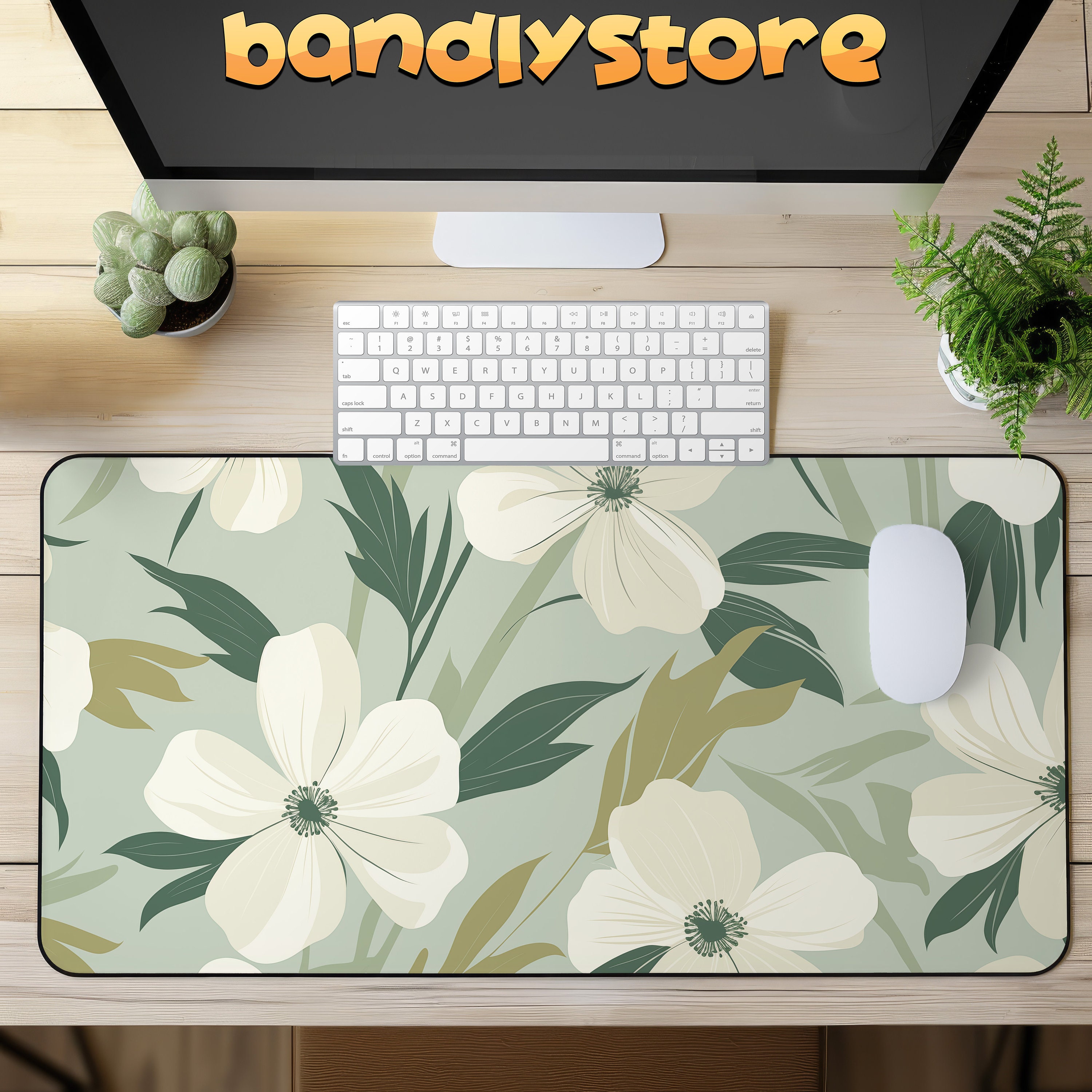 Sage Green Minimalist Floral Desk Mat on a desk with keyboard and mouse