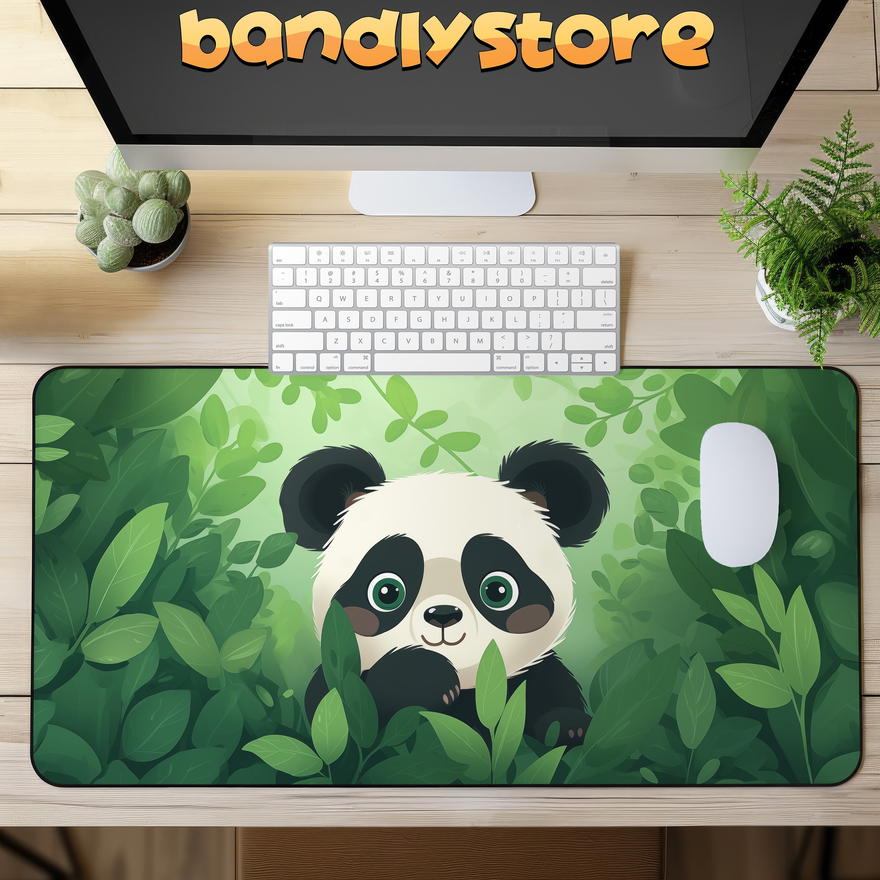 Cute Kawaii Panda Desk Mat on a desk with keyboard and mouse