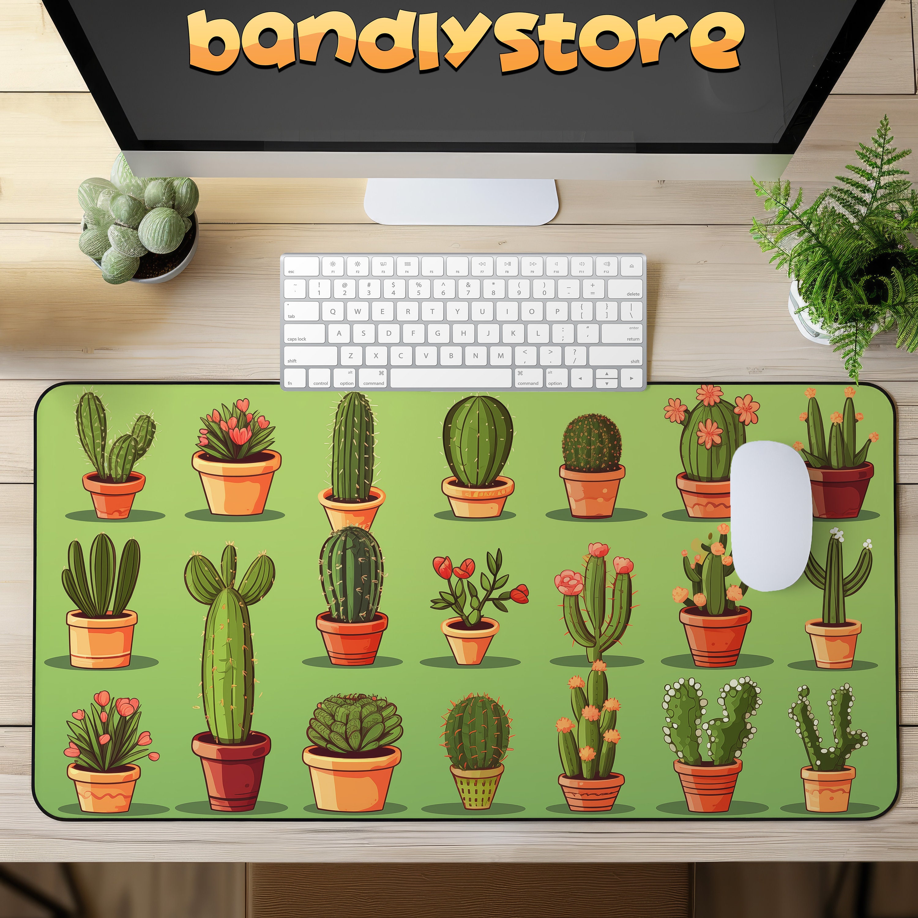 Cute Cactuses Desk Mat on a desk with keyboard and mouse