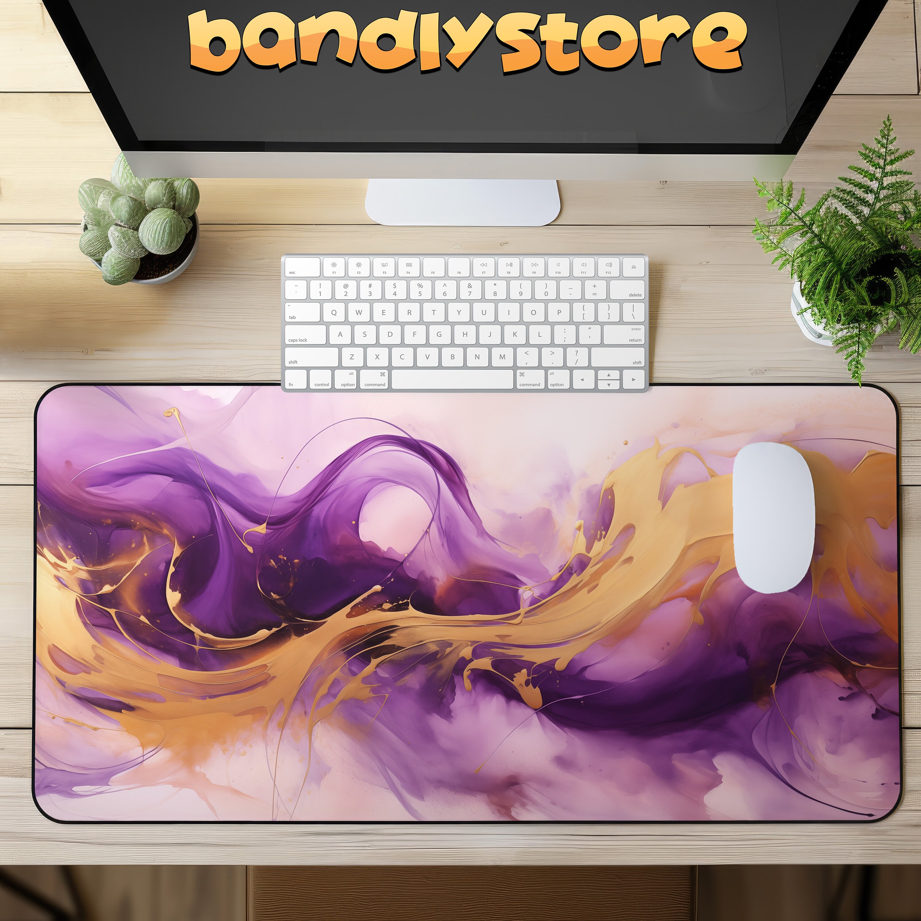 Abstract Purple And Gold Desk Mat on a desk with keyboard and mouse