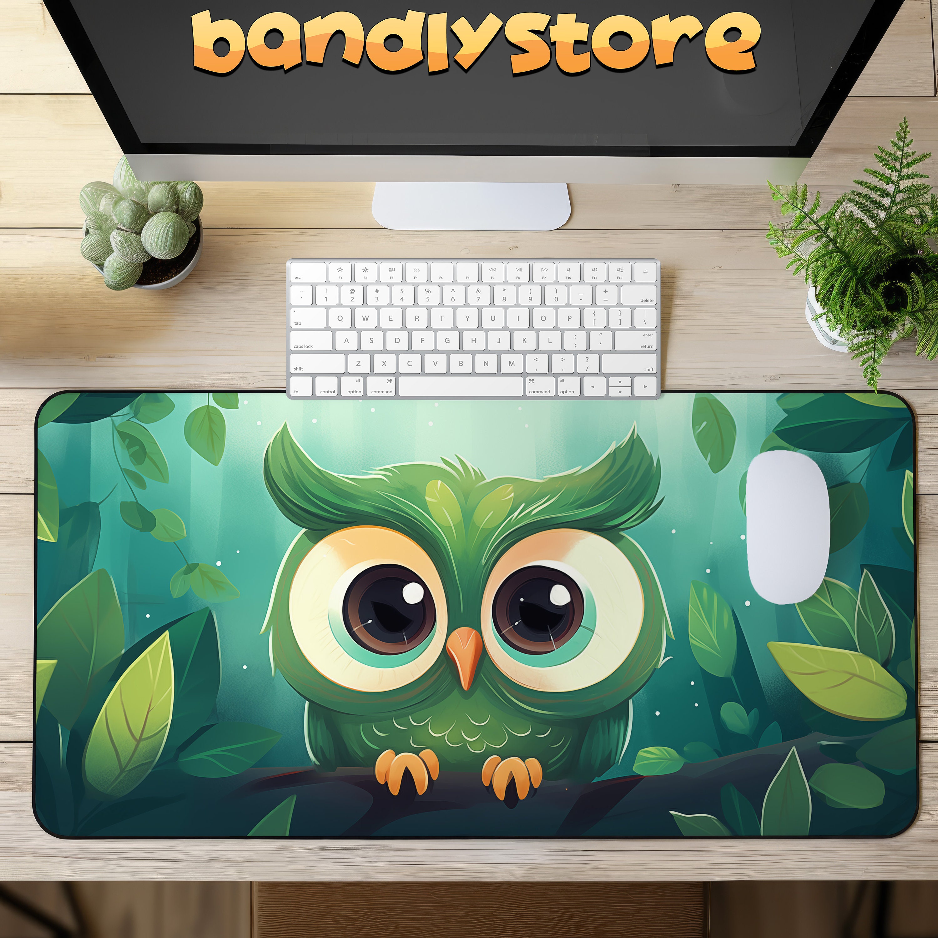 Cute Owl Desk Mat on a desk with keyboard and mouse
