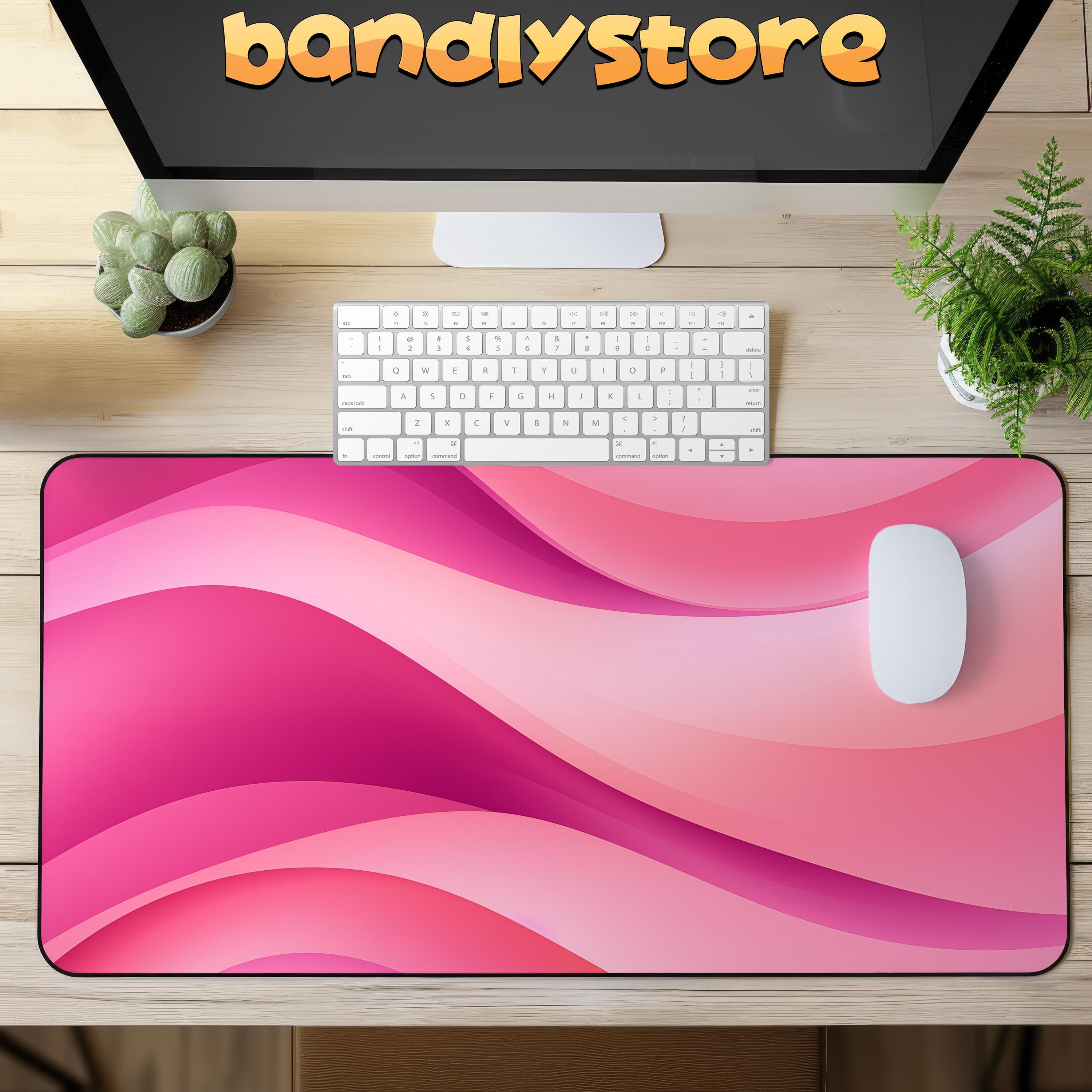 Abstract Pink Desk Mat on a desk with keyboard and mouse