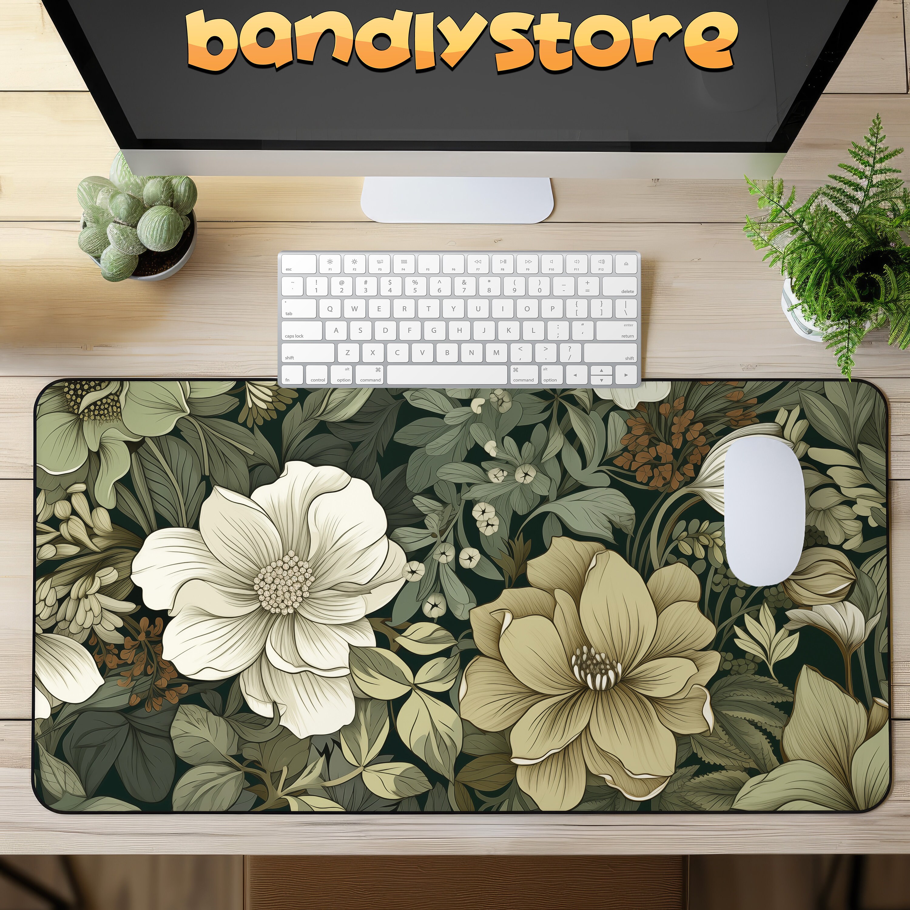 Green And Neutral Vintage Floral Desk Mat on a desk with keyboard and mouse