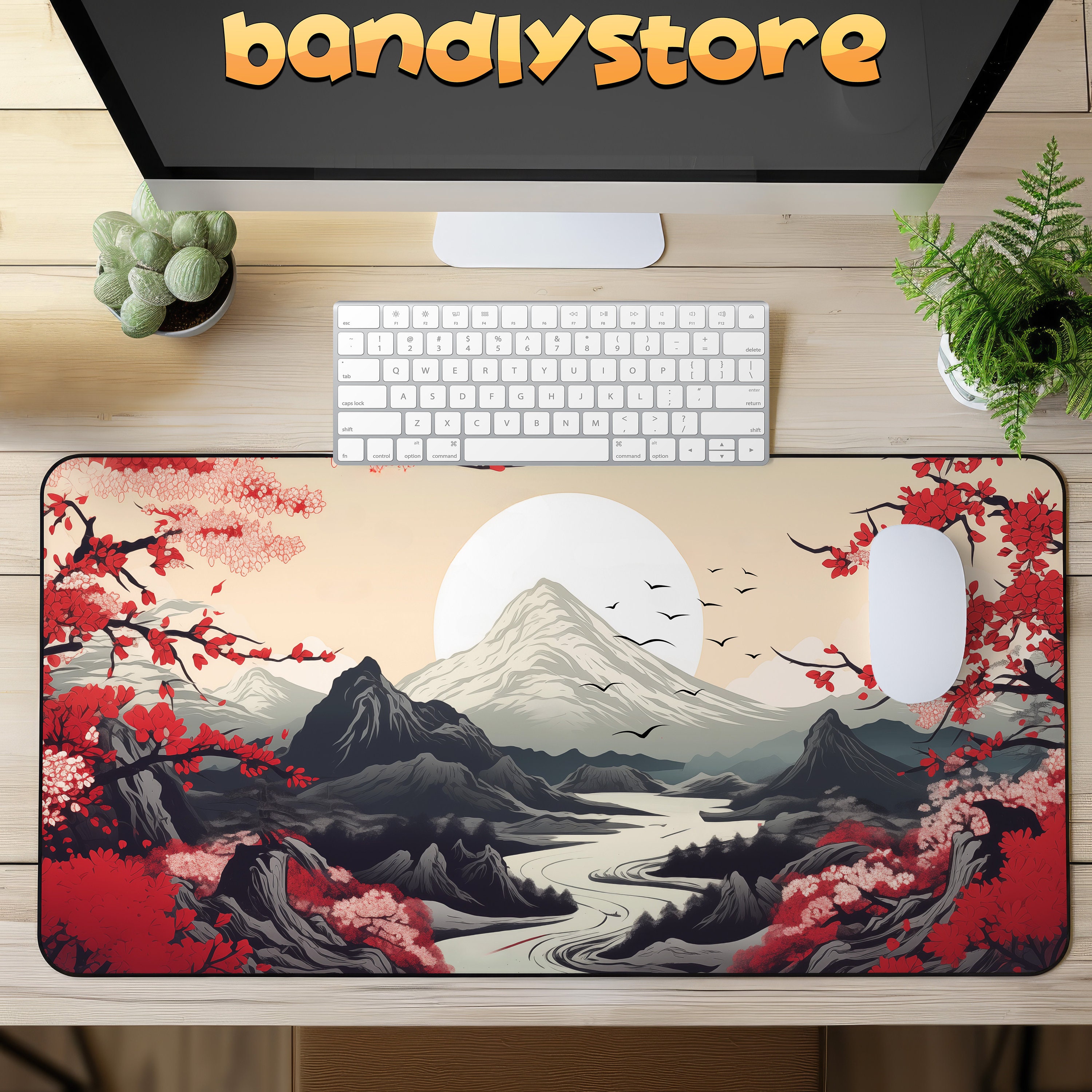 Japanese Mountains Desk Mat on a desk with keyboard and mouse