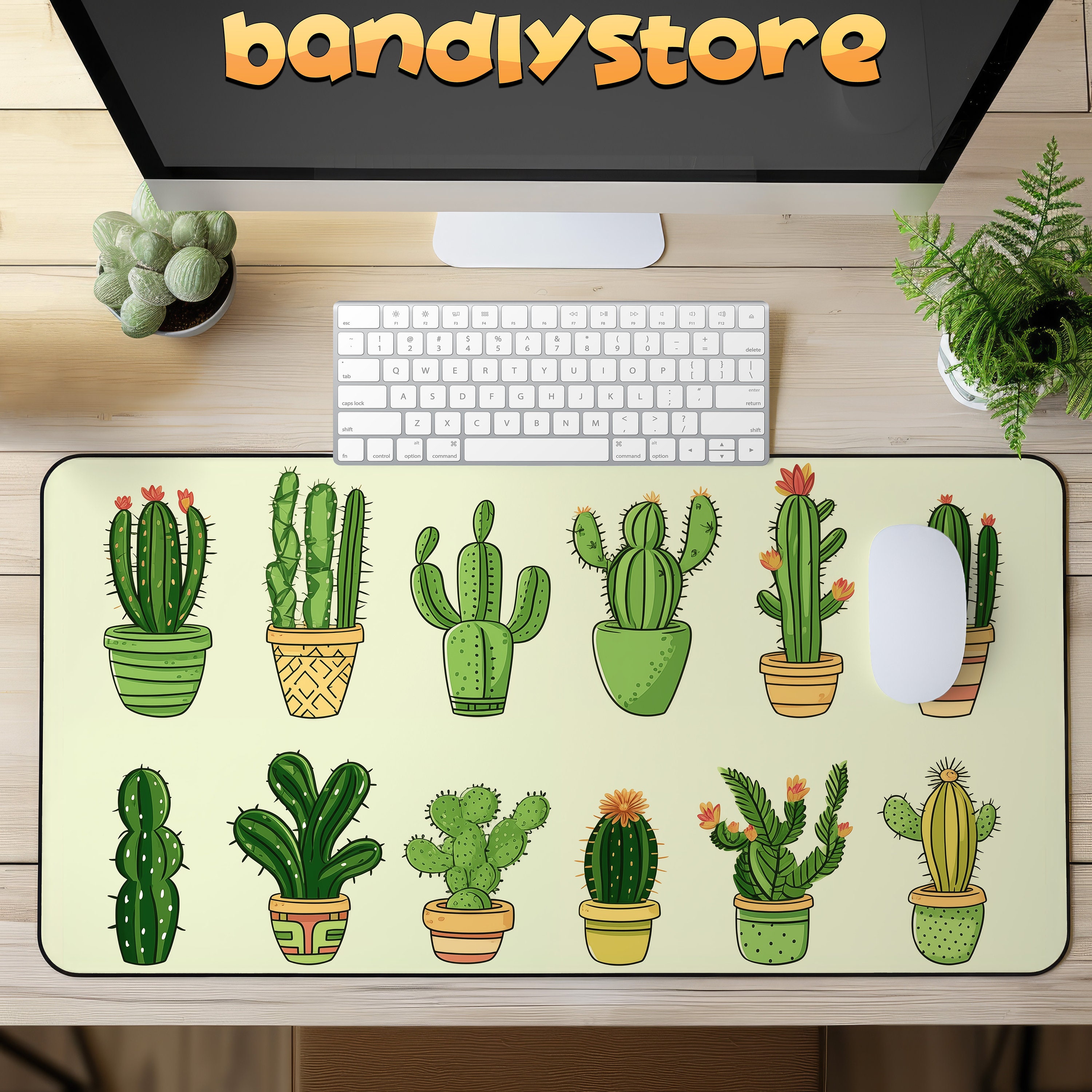 Cute Cartoon Cactuses Desk Mat on a desk with keyboard and mouse