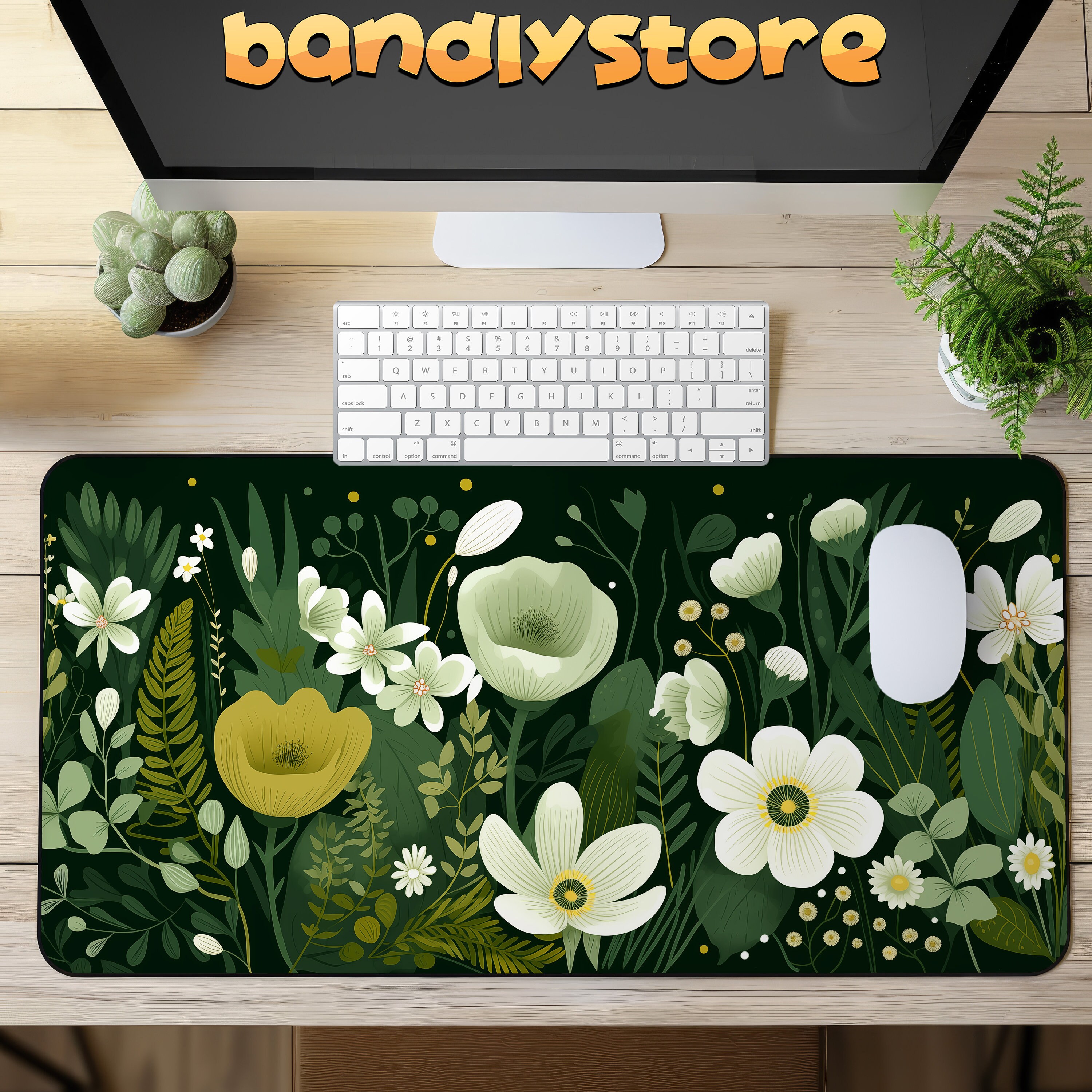 Dark Floral Desk Mat in Green Shades on a desk with keyboard and mouse