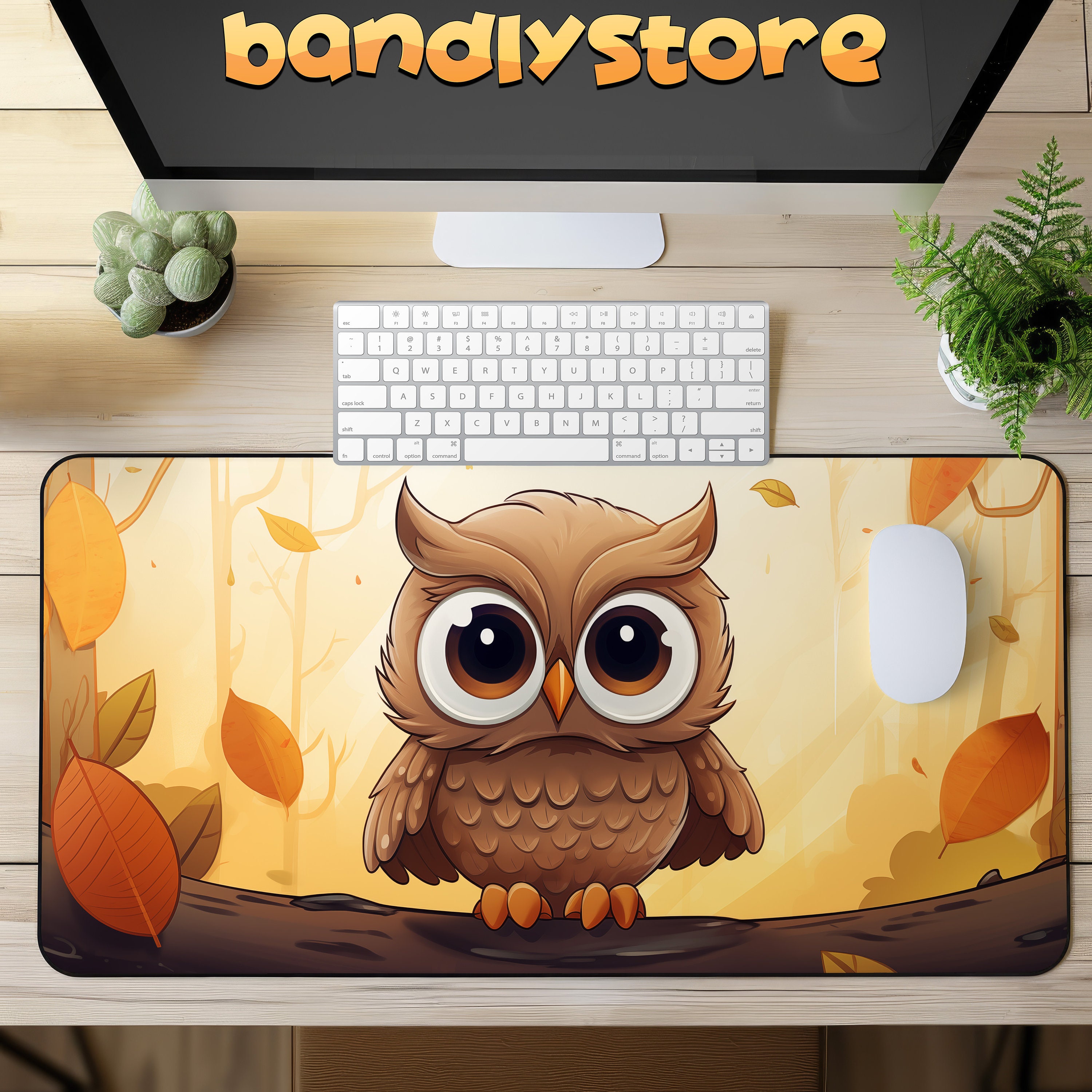 Cute Owl Autumn Mouse Pad on a desk with keyboard and mouse