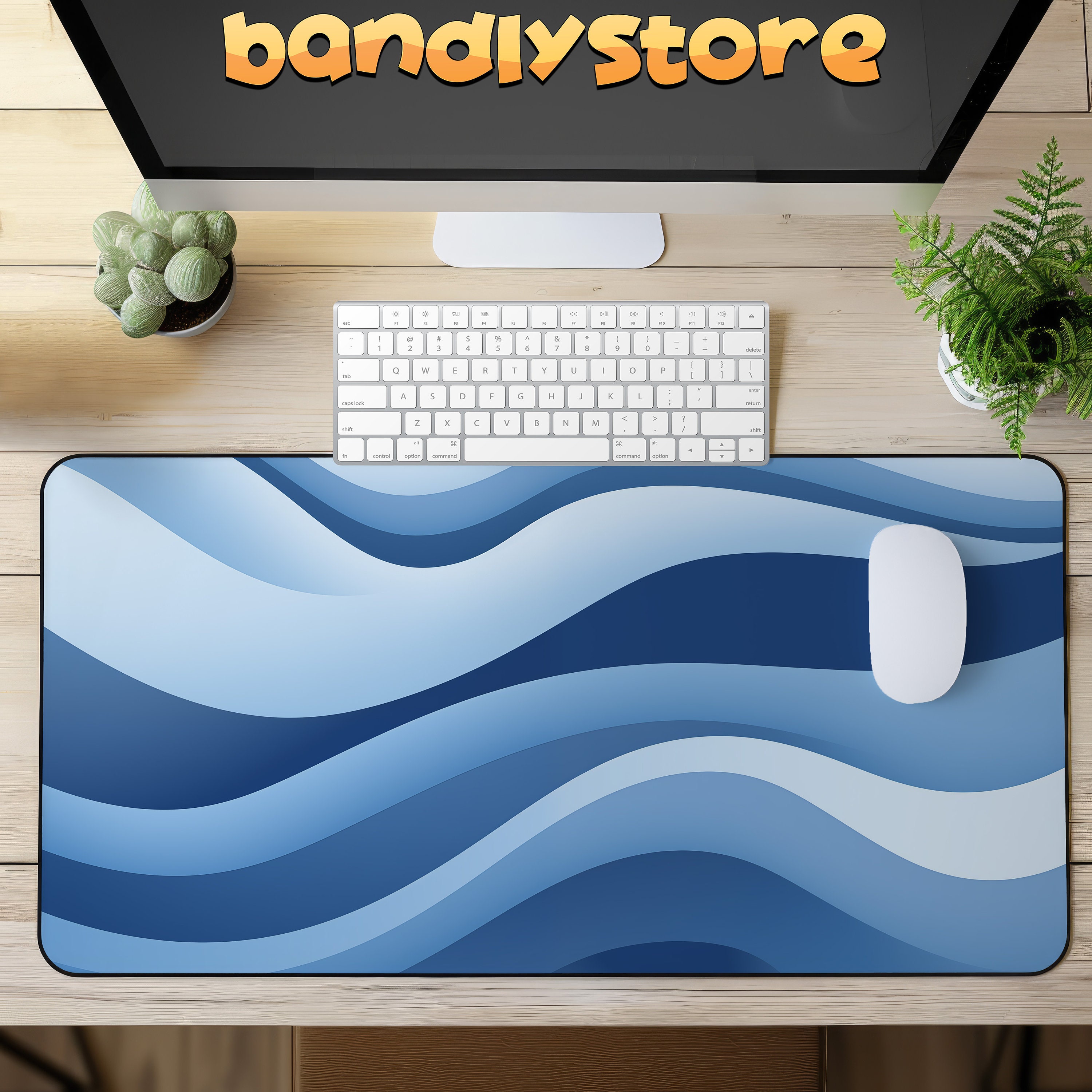 Abstract Blue Desk Mat on a desk with keyboard and mouse