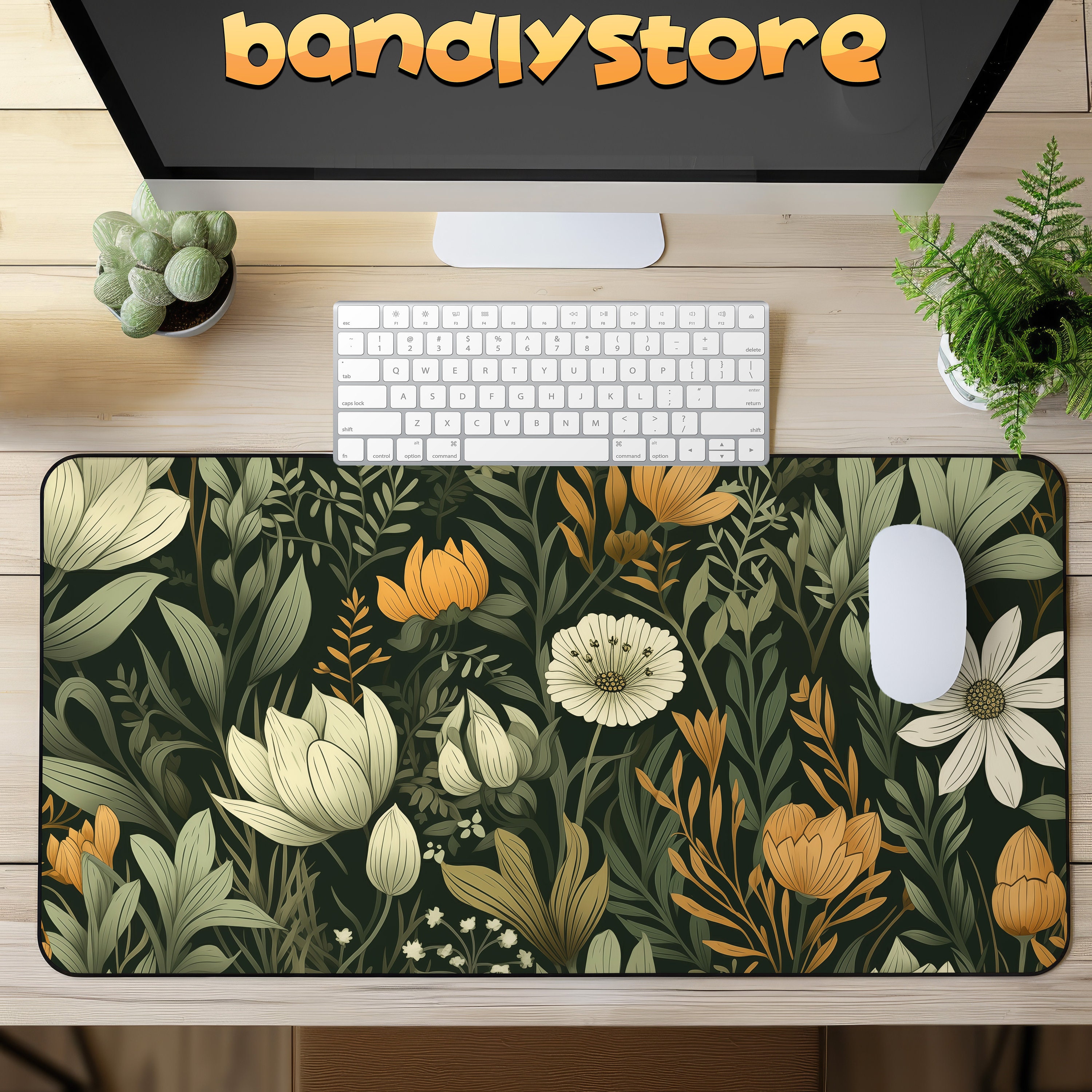 Floral Vintage Cottagecore Desk Mat in Green and Earthy Hues on a desk with keyboard and mouse