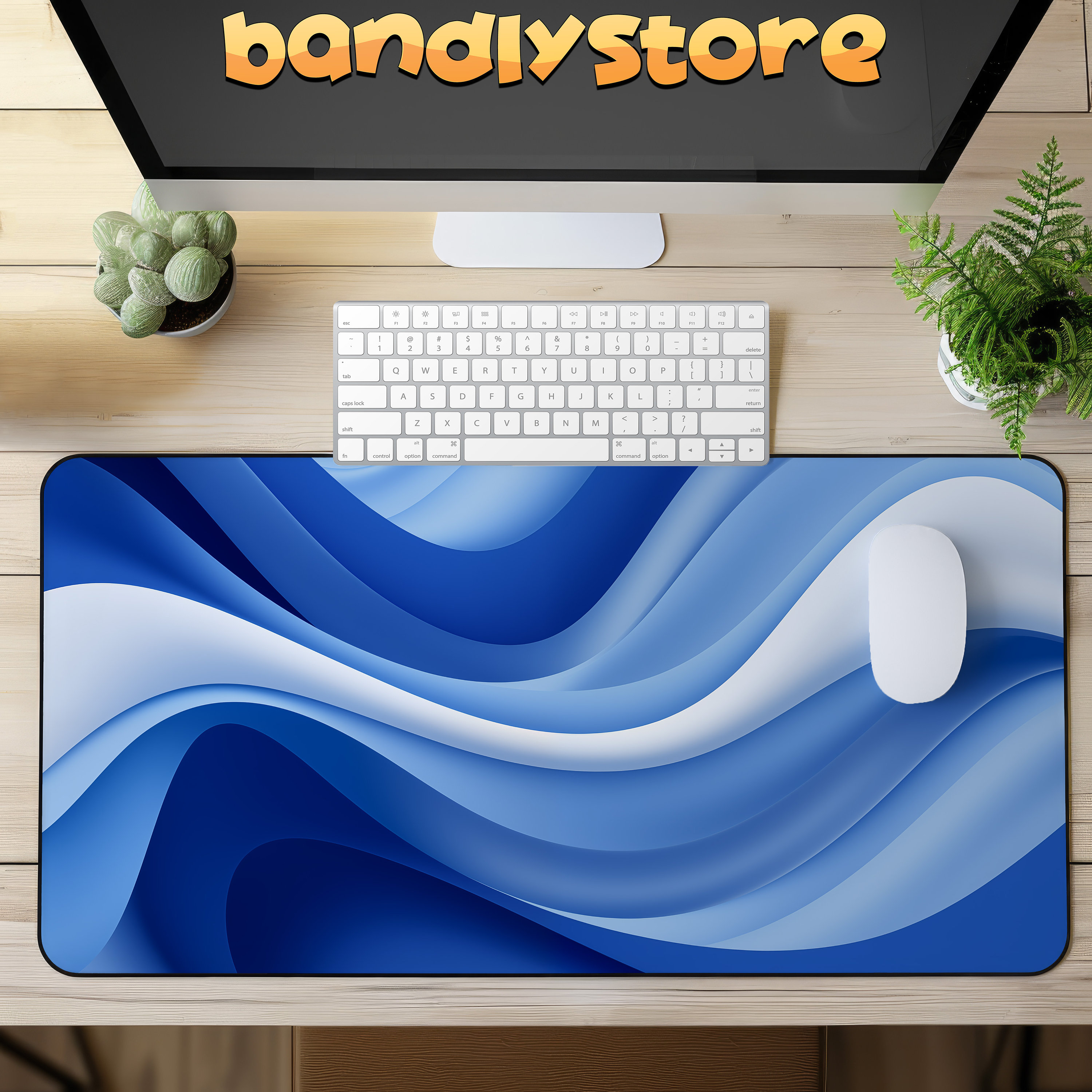 Abstract Blue Ocean Desk Mat on a desk with keyboard and mouse