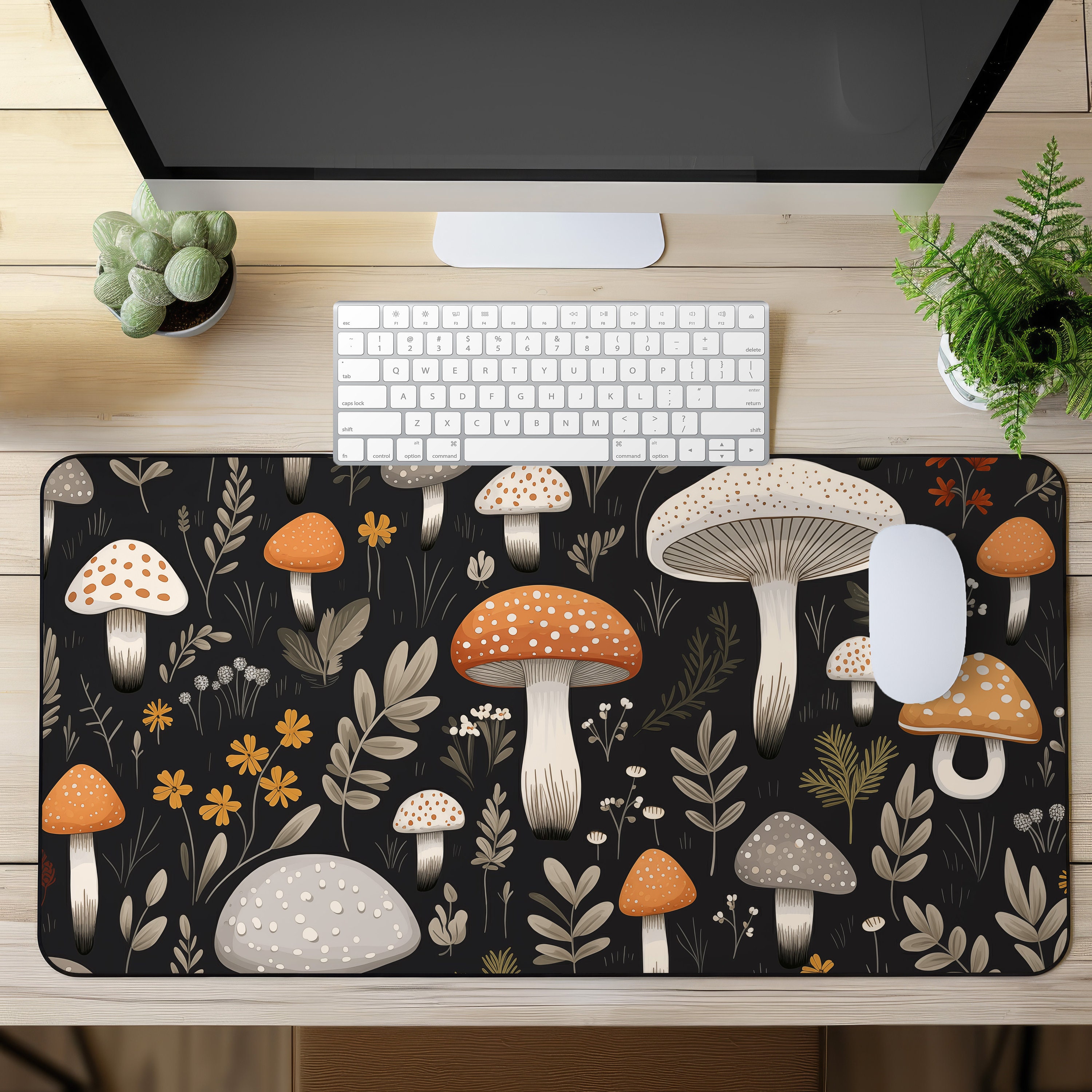 Cute Mushroom Desk Mat on a desk with keyboard and mouse