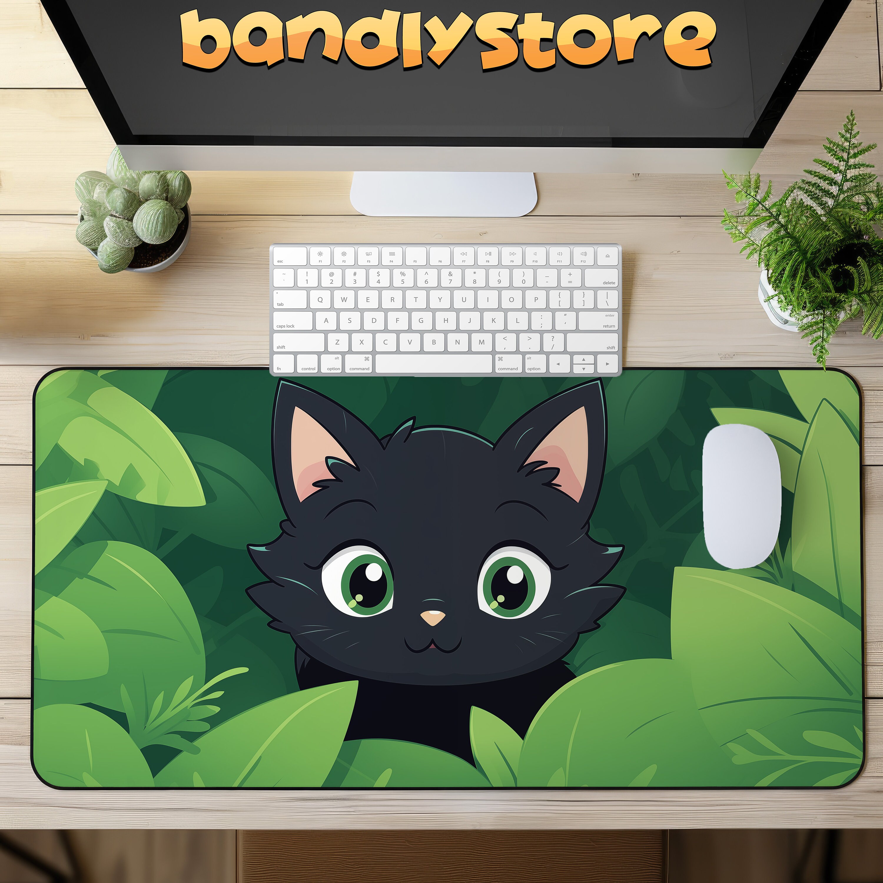Cute Kawaii Black Cat Desk Mat on a desk with keyboard and mouse