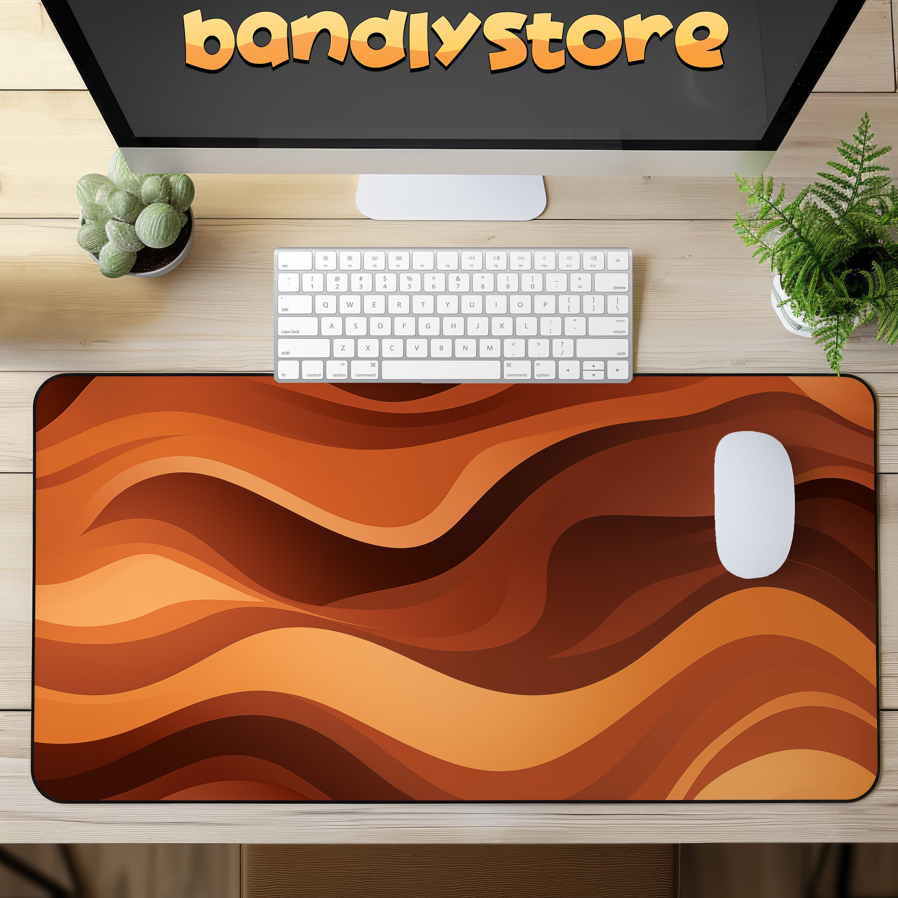 Abstract Wavy Pattern Large Desk Mat on a desk with keyboard and mouse