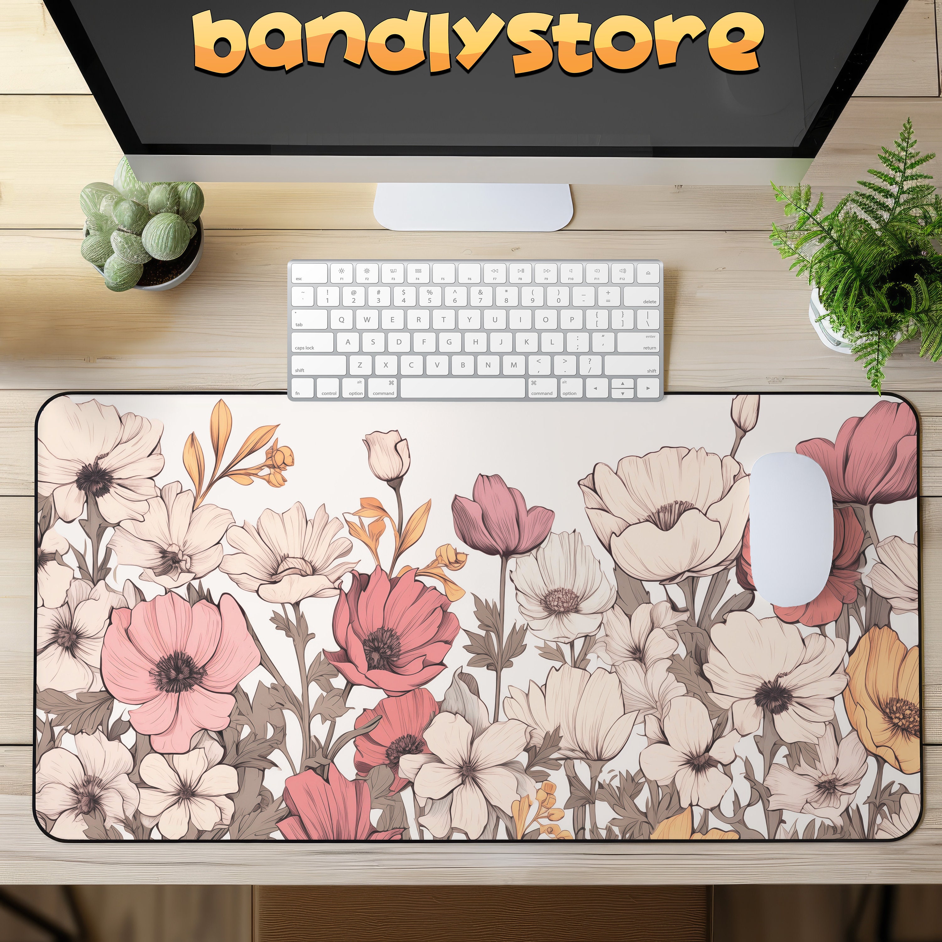 Pastel Floral Desk Mat on a desk with keyboard and mouse