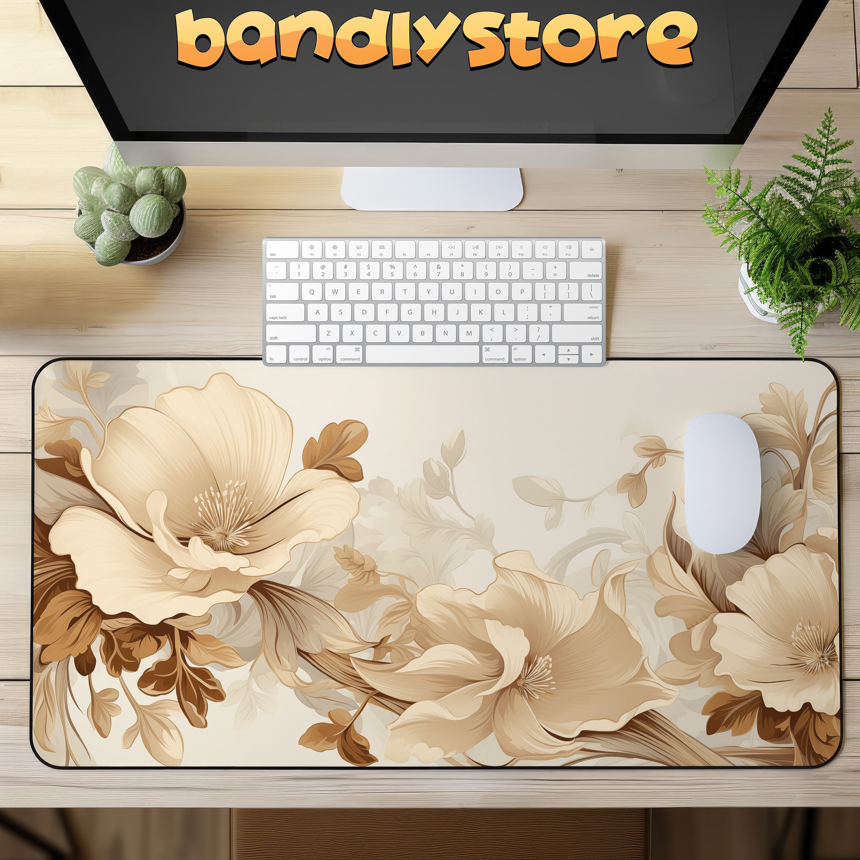 Neutral Art Nouveau Floral Desk Mat on a desk with keyboard and mouse