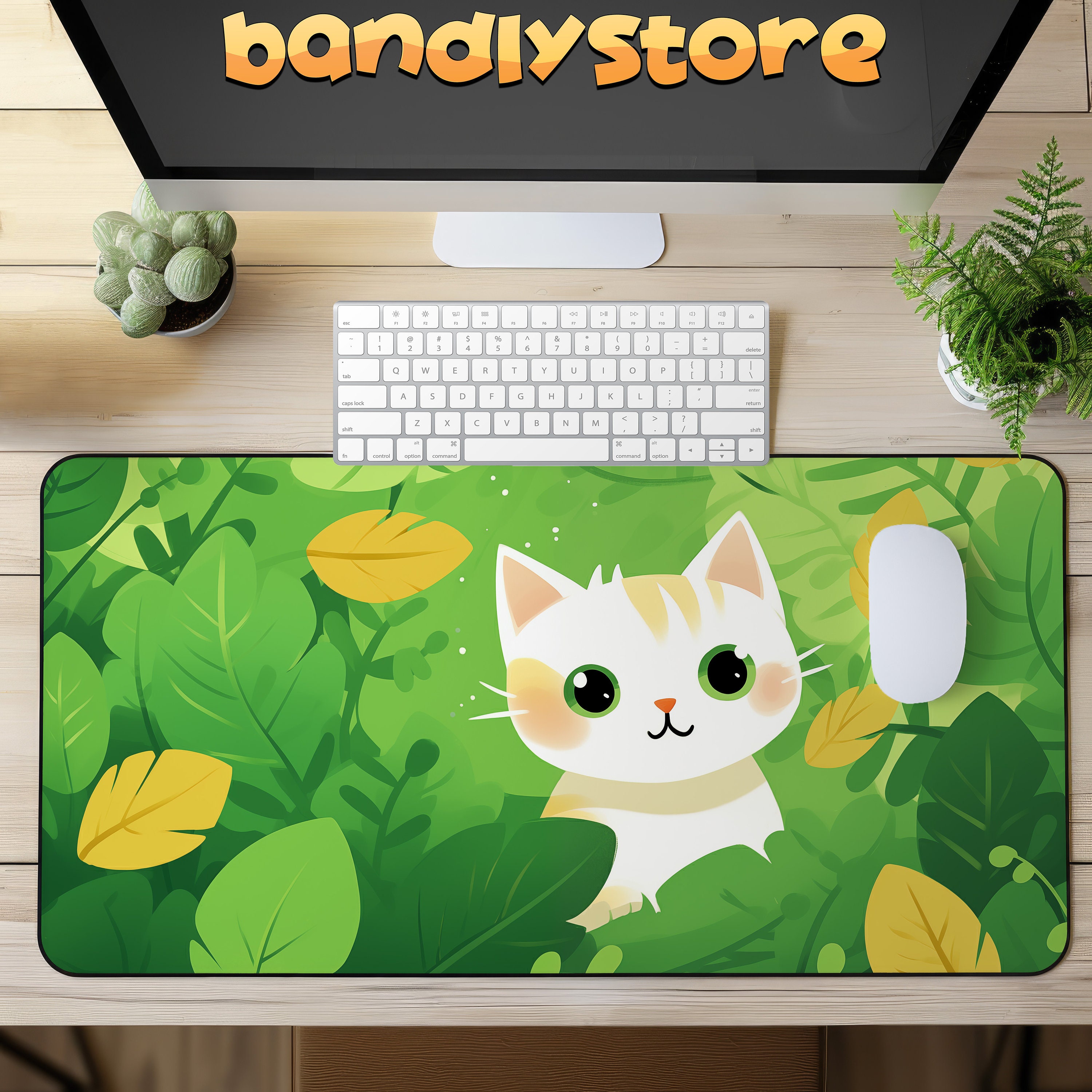 Cute Kawaii Cat Desk Mat on a desk with keyboard and mouse