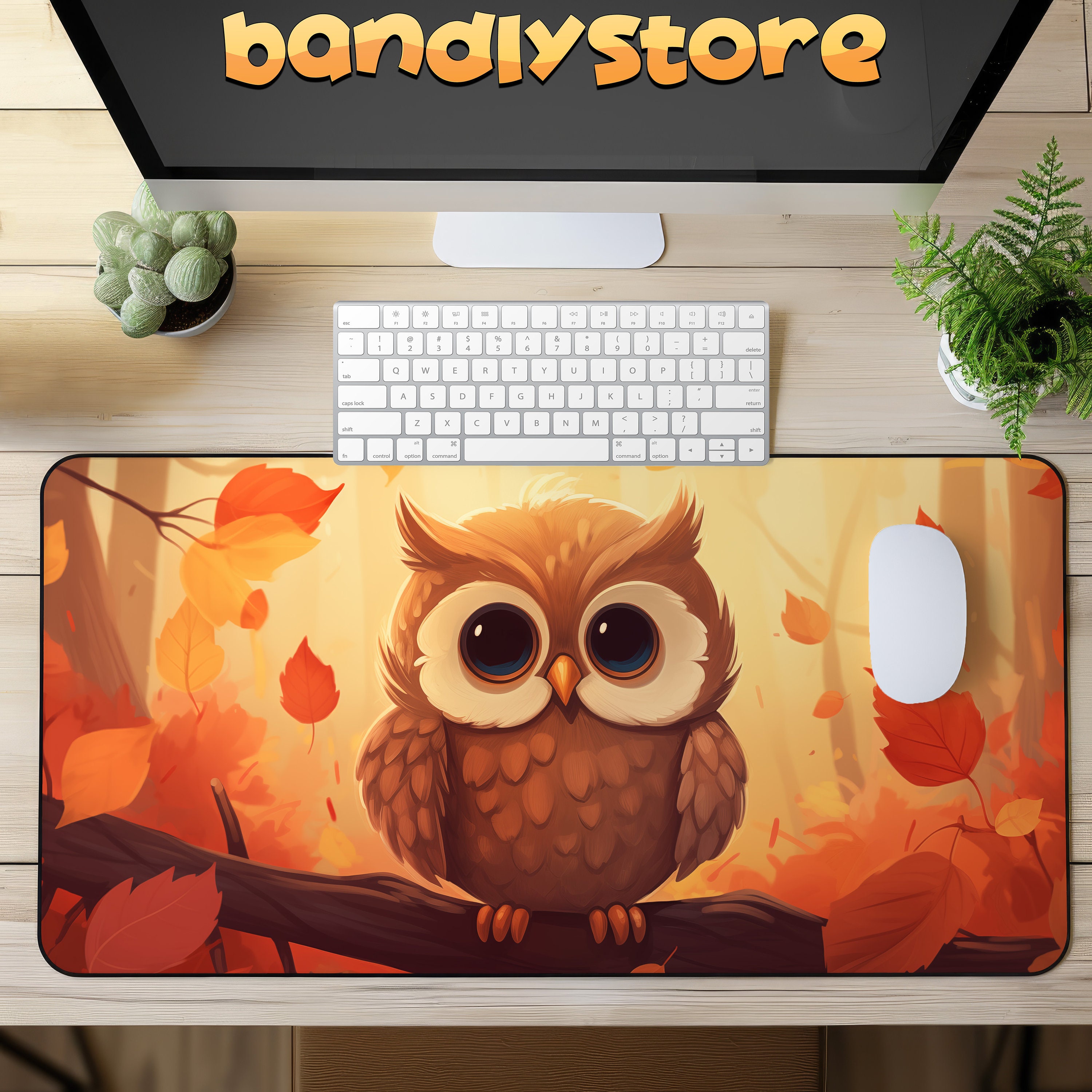 Cute Owl Desk Mat on a desk with keyboard and mouse