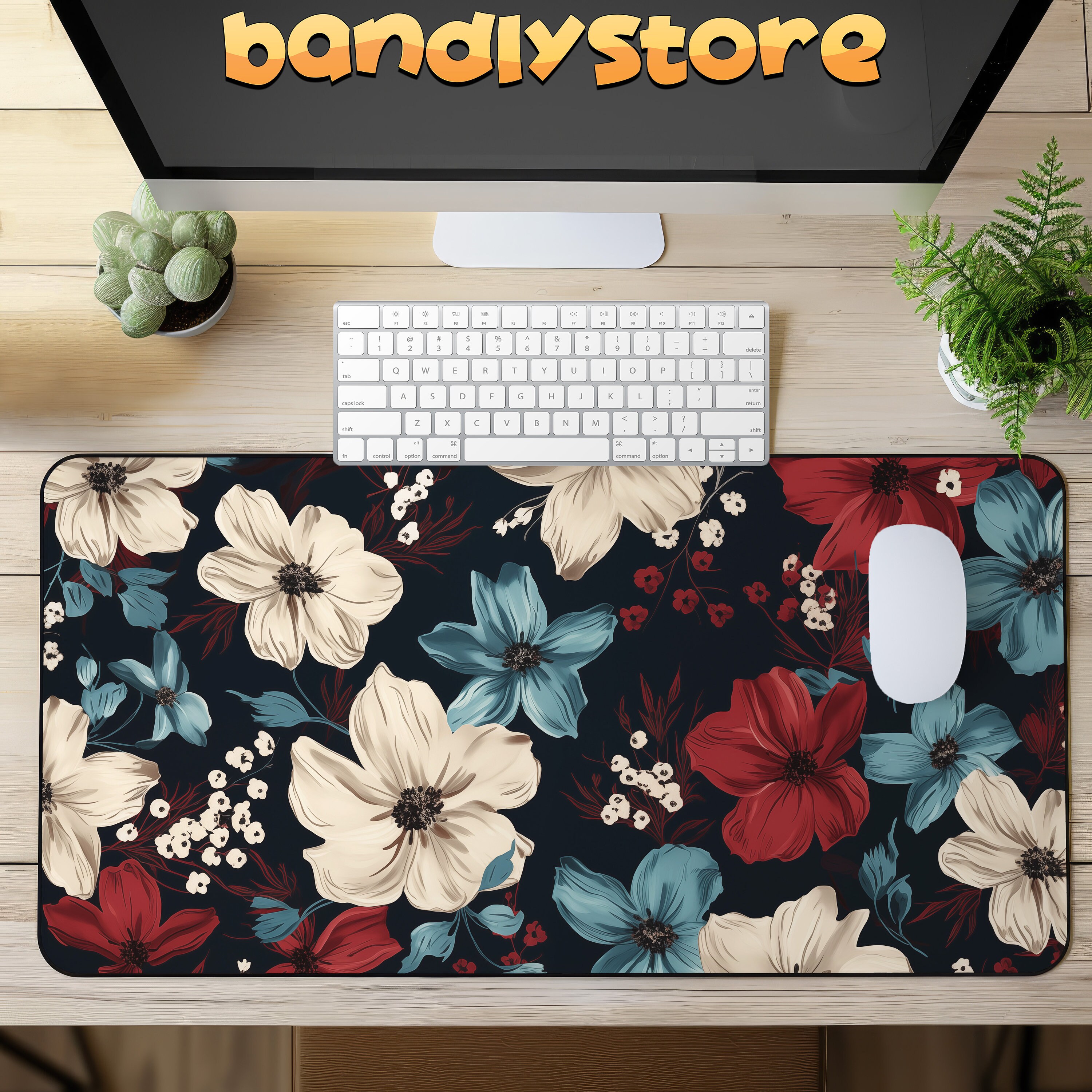 Floral Desk Mat in Blue, Beige and Red on a desk with keyboard and mouse