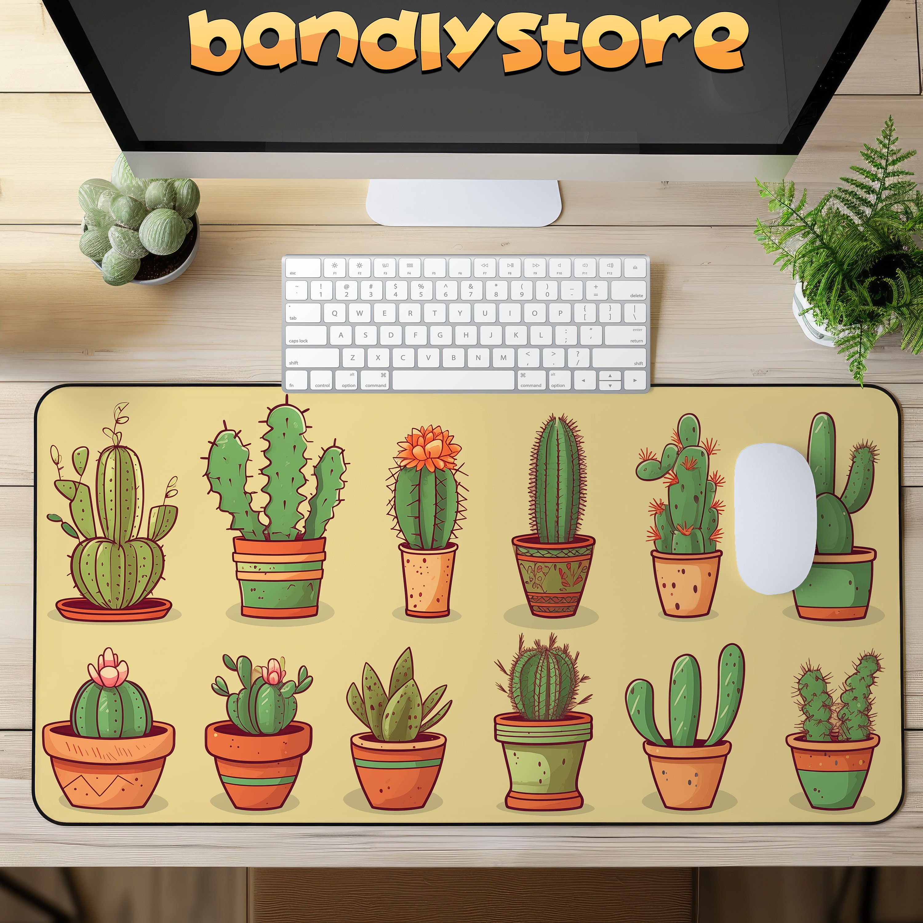 Cute Cactuses Desk Mat on a desk with keyboard and mouse