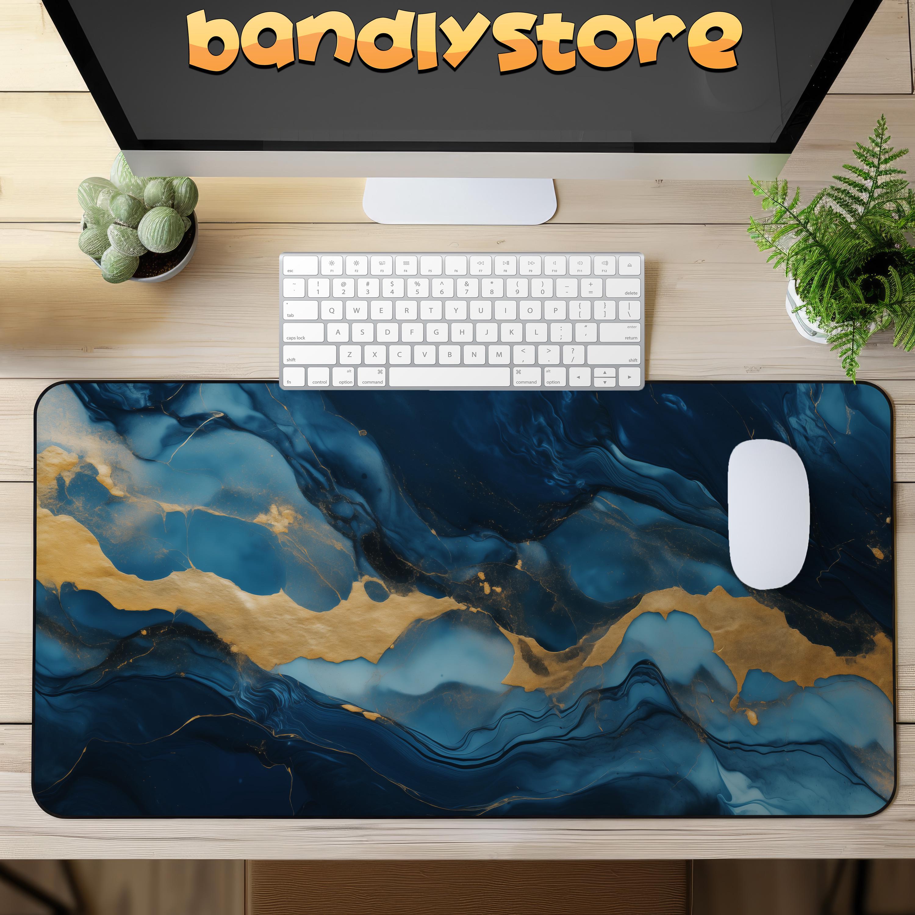 Blue and Gold Marble Desk Mat on a desk with keyboard and mouse