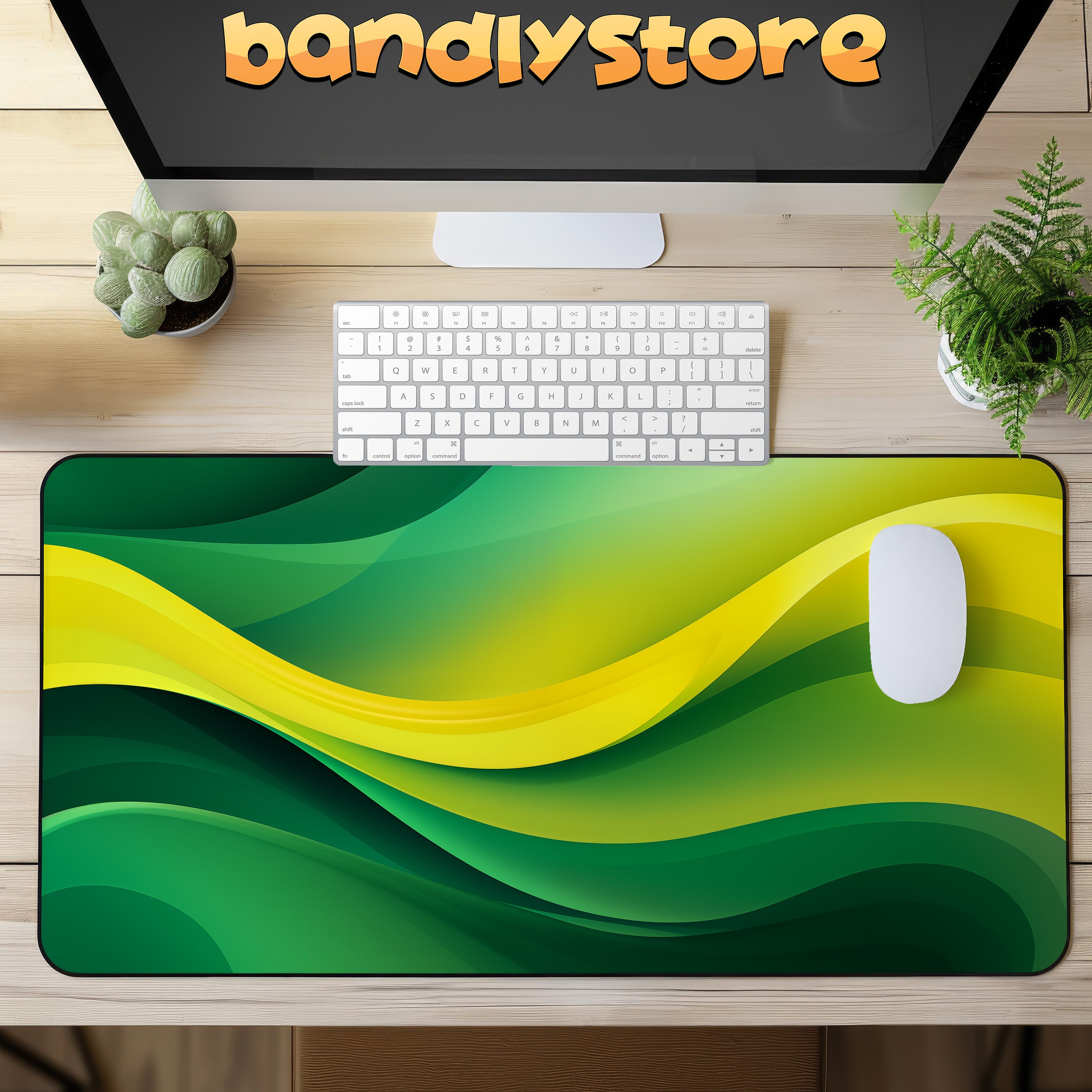 Abstract Green Desk Mat on a desk with keyboard and mouse
