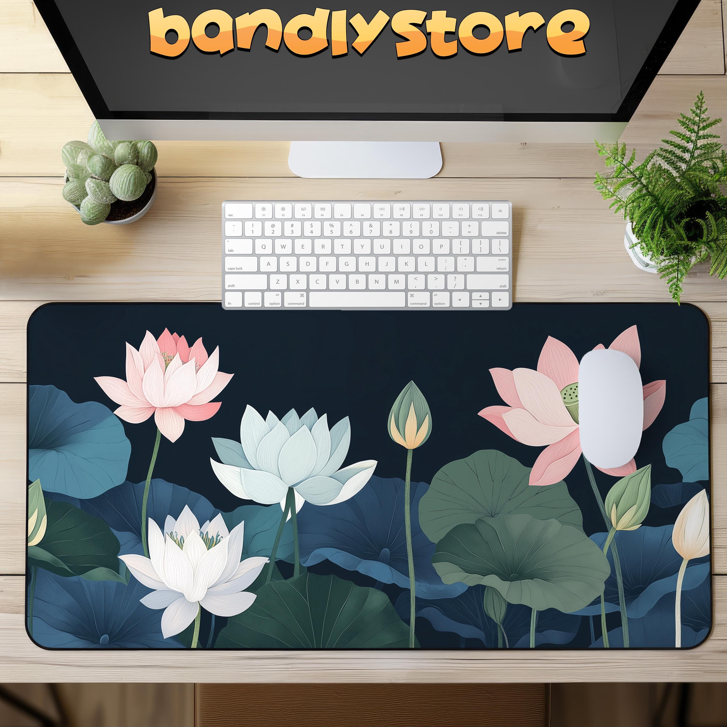 Waterlilies Desk Mat on a desk with keyboard and mouse