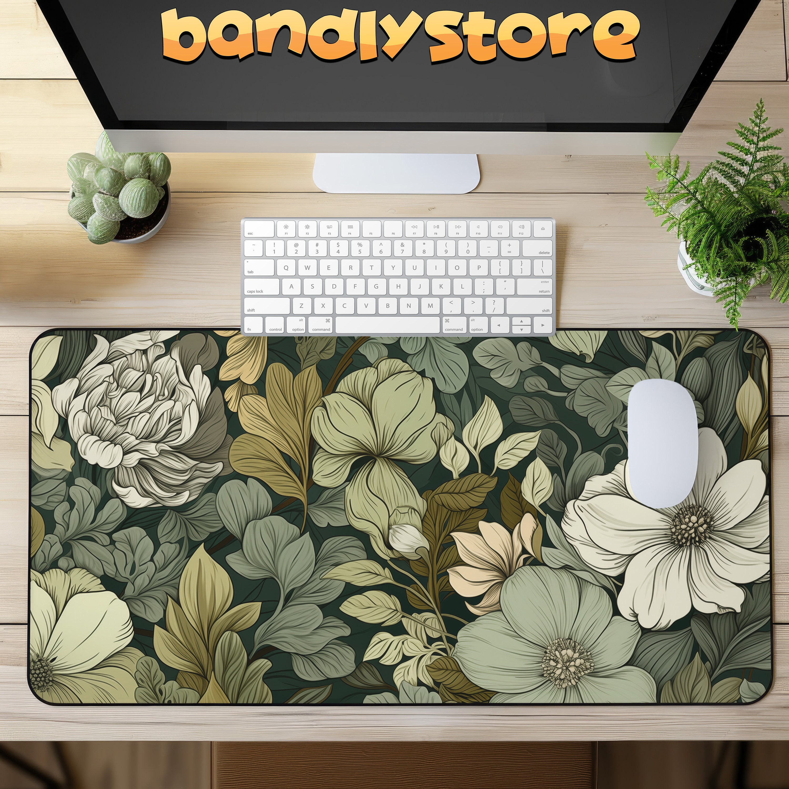 Vintage Floral Desk Mat in Green Shades on a desk with keyboard and mouse