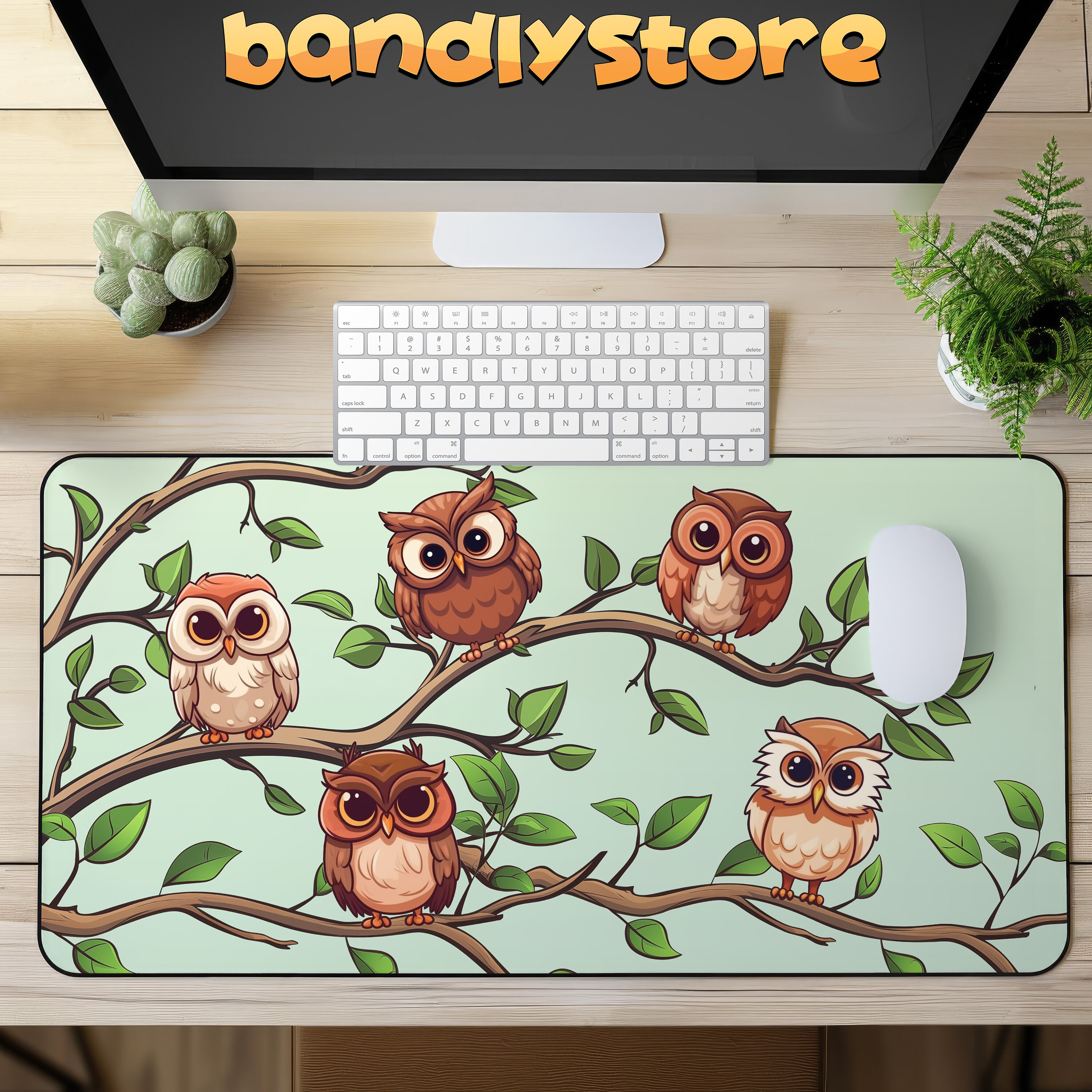 Cute Owls Desk Mat on a desk with keyboard and mouse