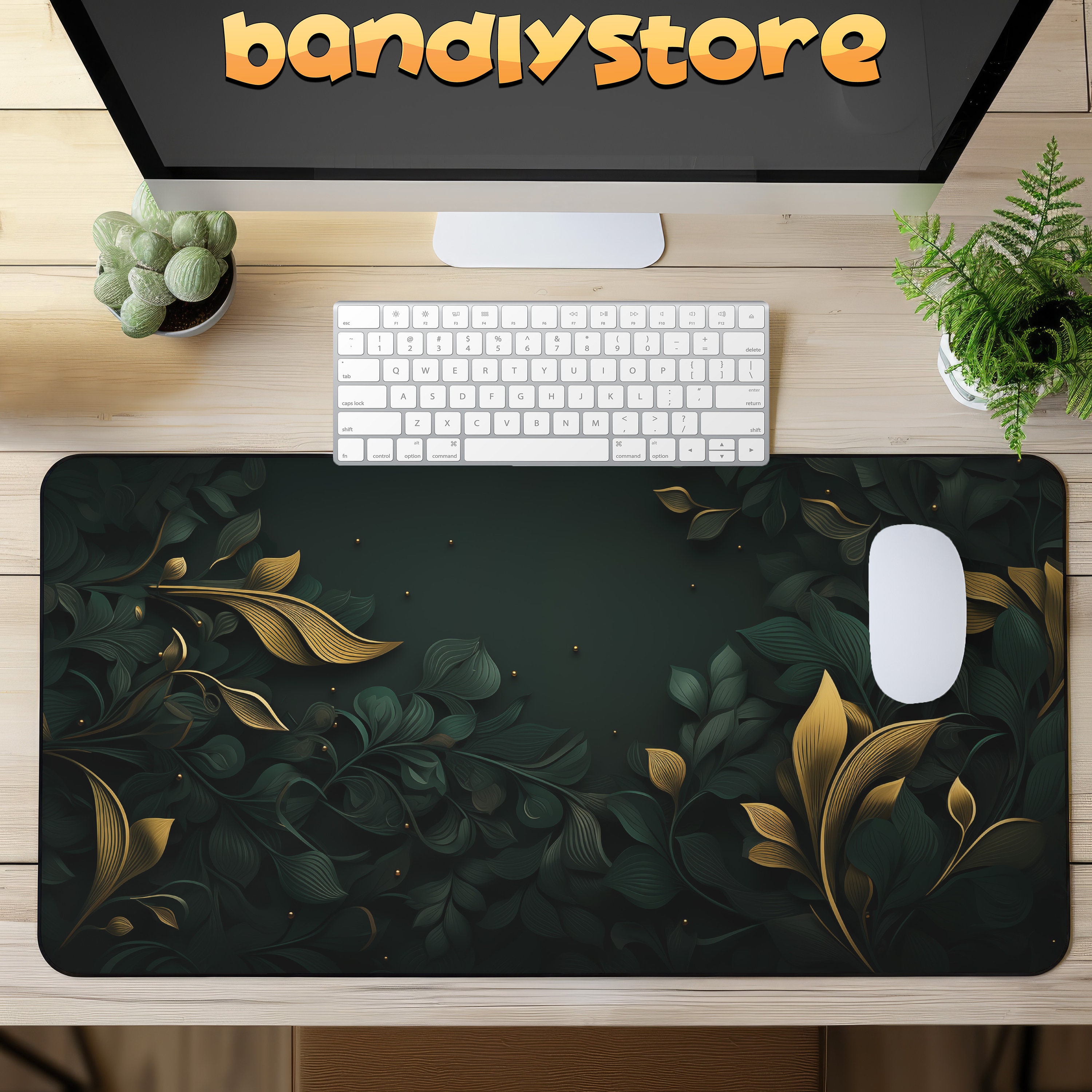 Dark Green and Gold Leaves Desk Mat on a desk with keyboard and mouse