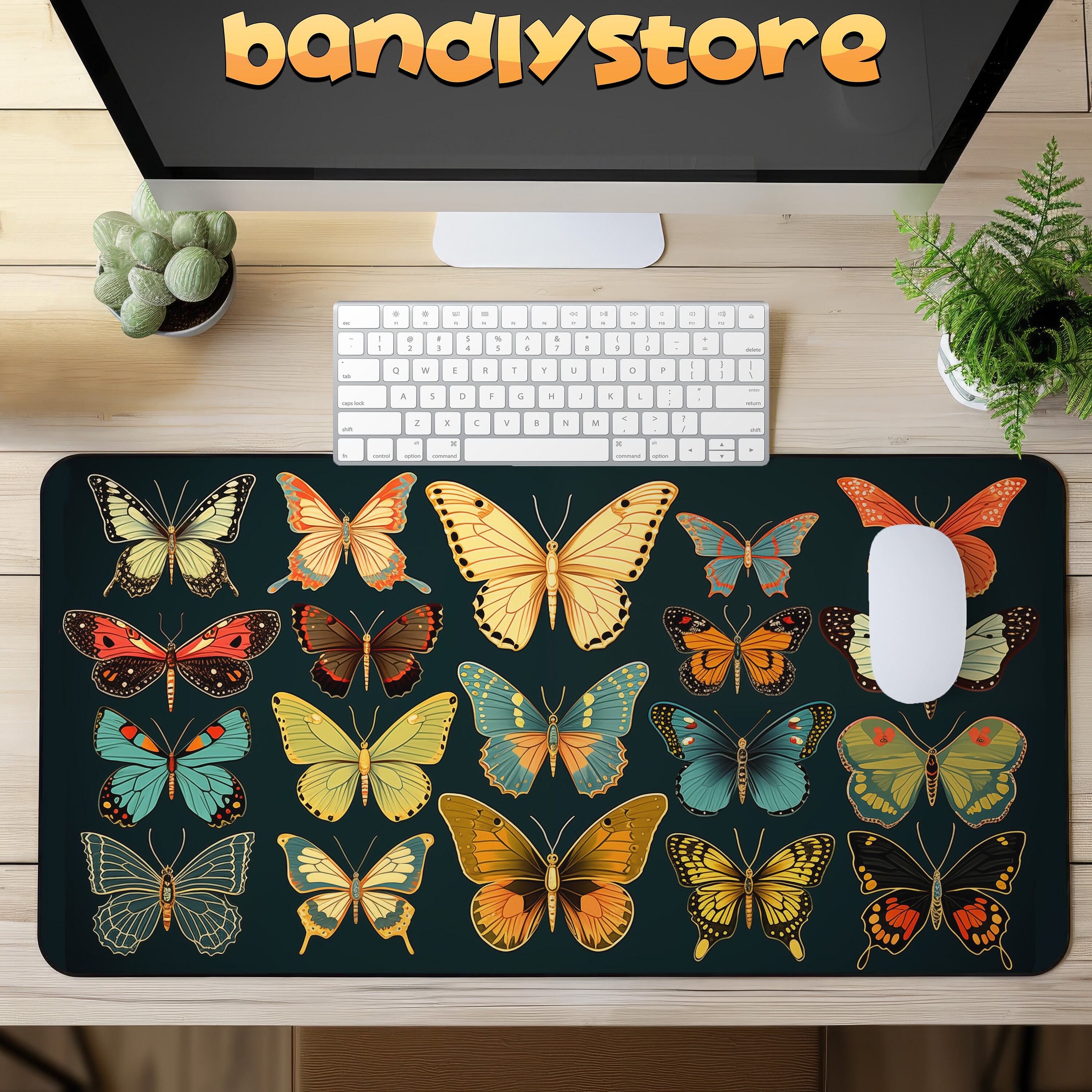Vintage Butterflies Desk Mat on a desk with keyboard and mouse