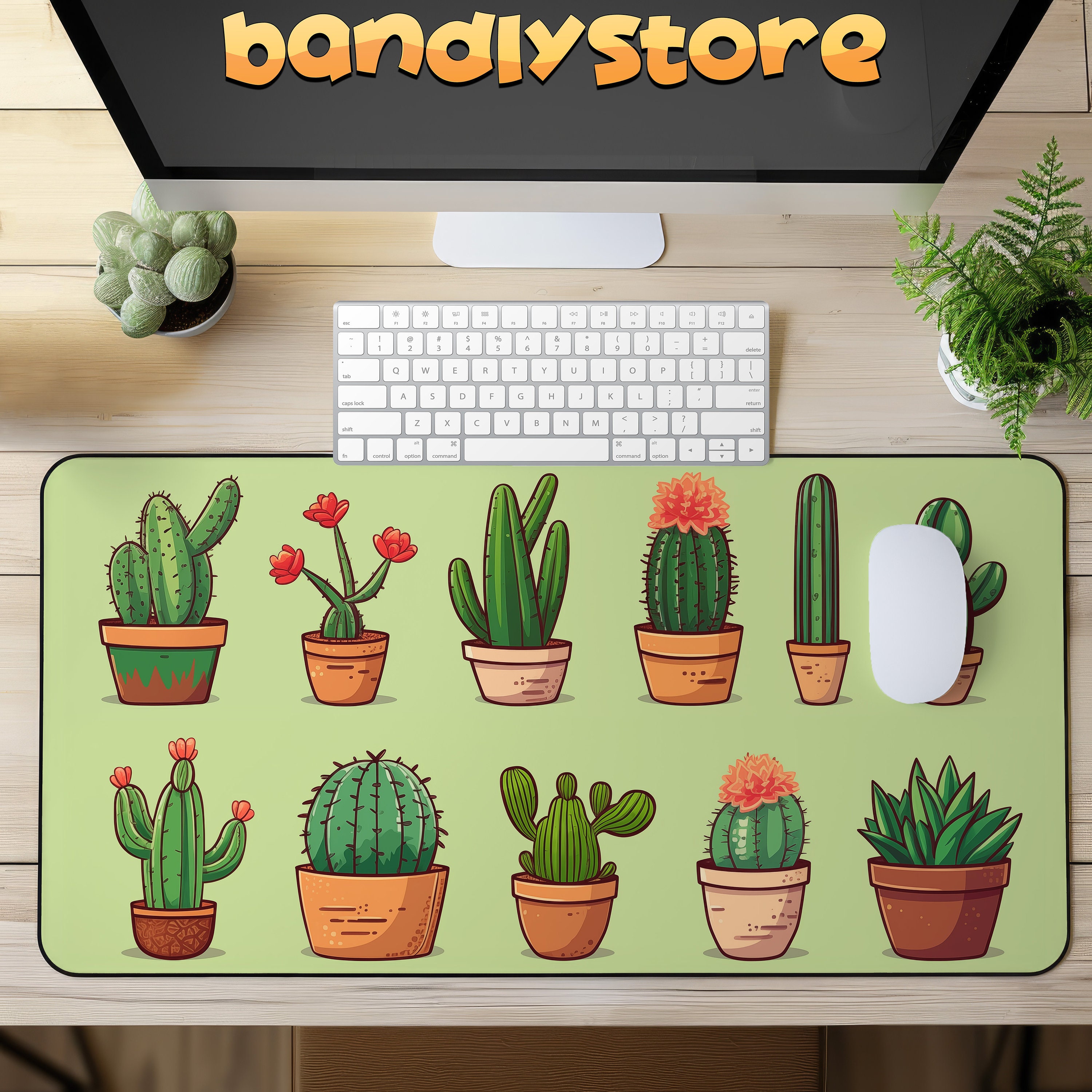 Cute Cactus Desk Mat on a desk with keyboard and mouse