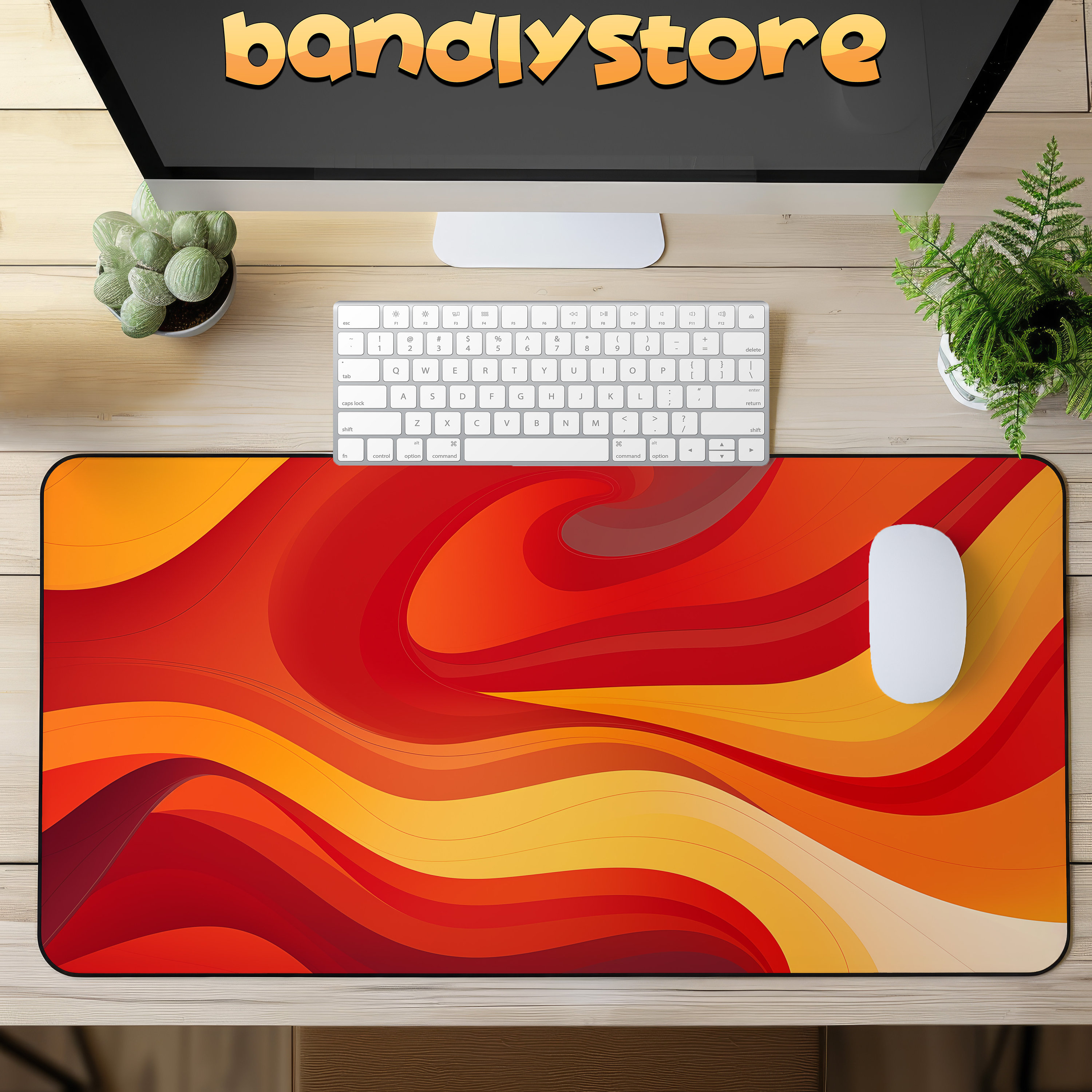 Abstract Red Desk Mat shown on a desk with keyboard and mouse