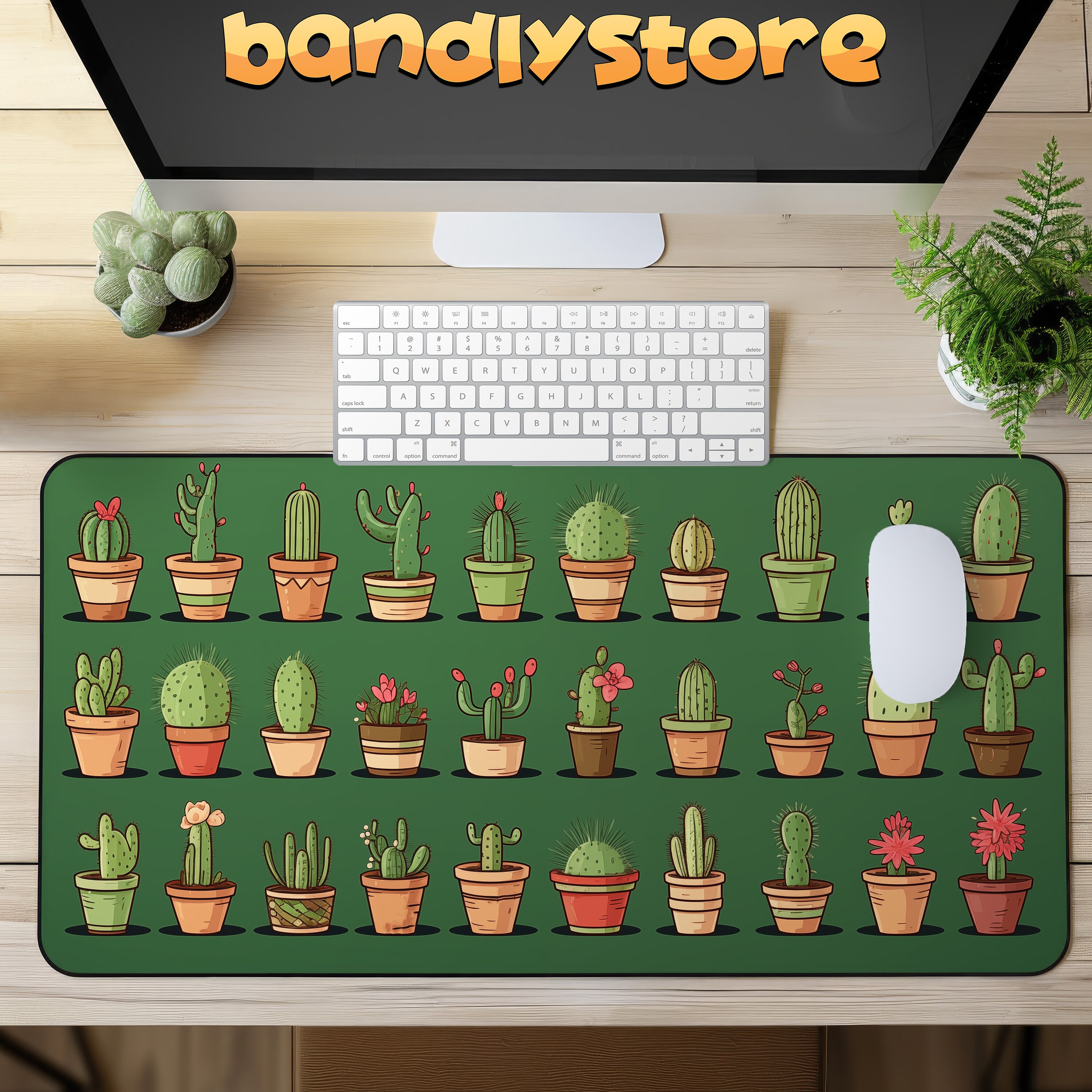 Cute Cacti Desk Mat on a desk with keyboard and mouse